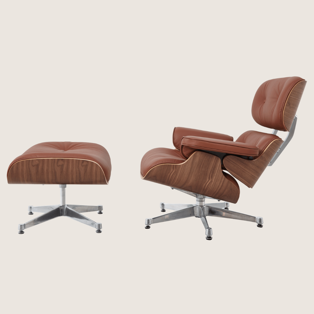 Tan Brown leather, Walnut shell, Chrome base - Eames Style Walnut Lounge Chair & Ottoman, side profile showing the fixed recline angle of the chair with the ottoman beside it on chrome bases