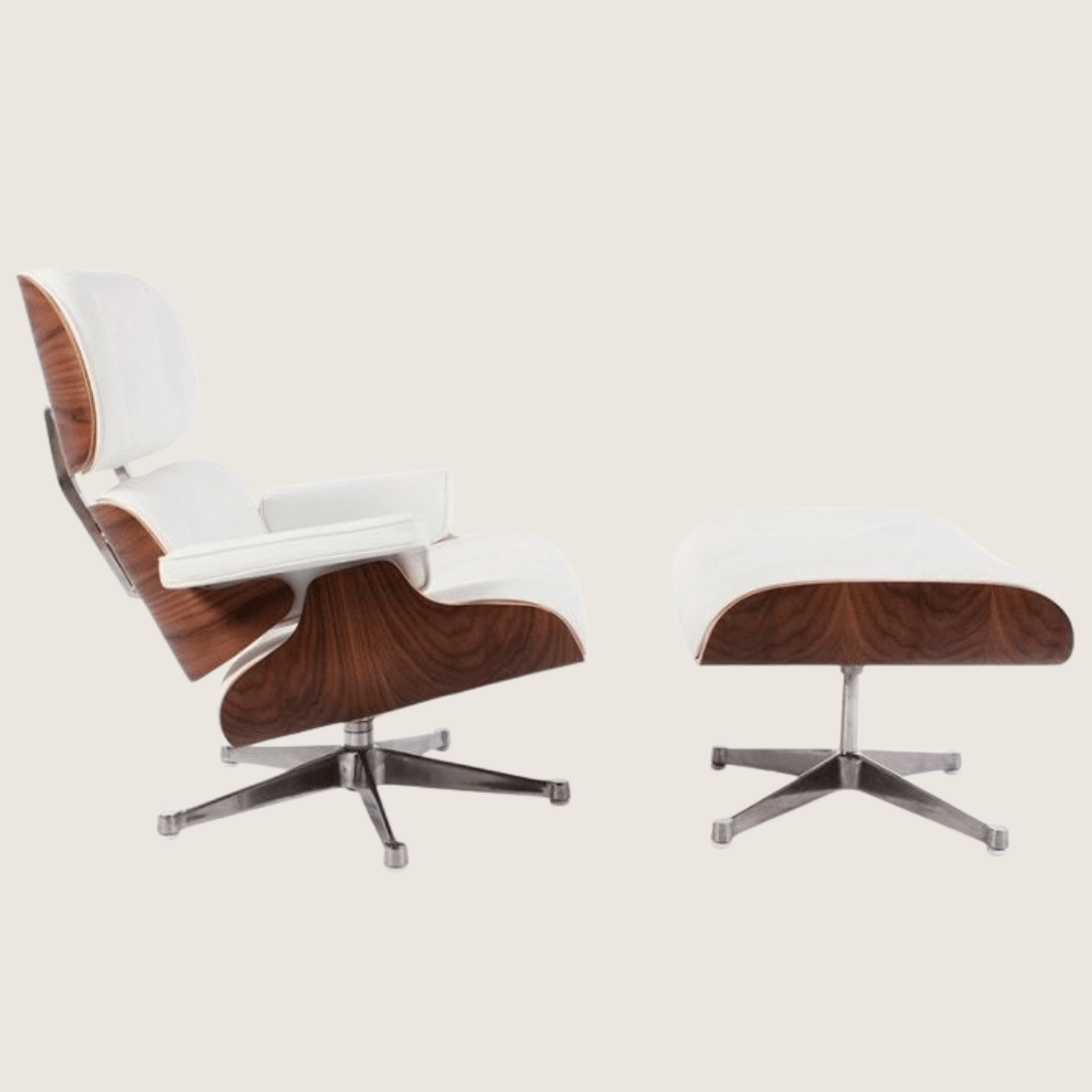 White leather, Walnut shell, Chrome base - Eames Style Walnut Lounge Chair & Ottoman, side profile showing the fixed recline angle of the chair and the walnut veneer shell, with the matching ottoman on its chrome base