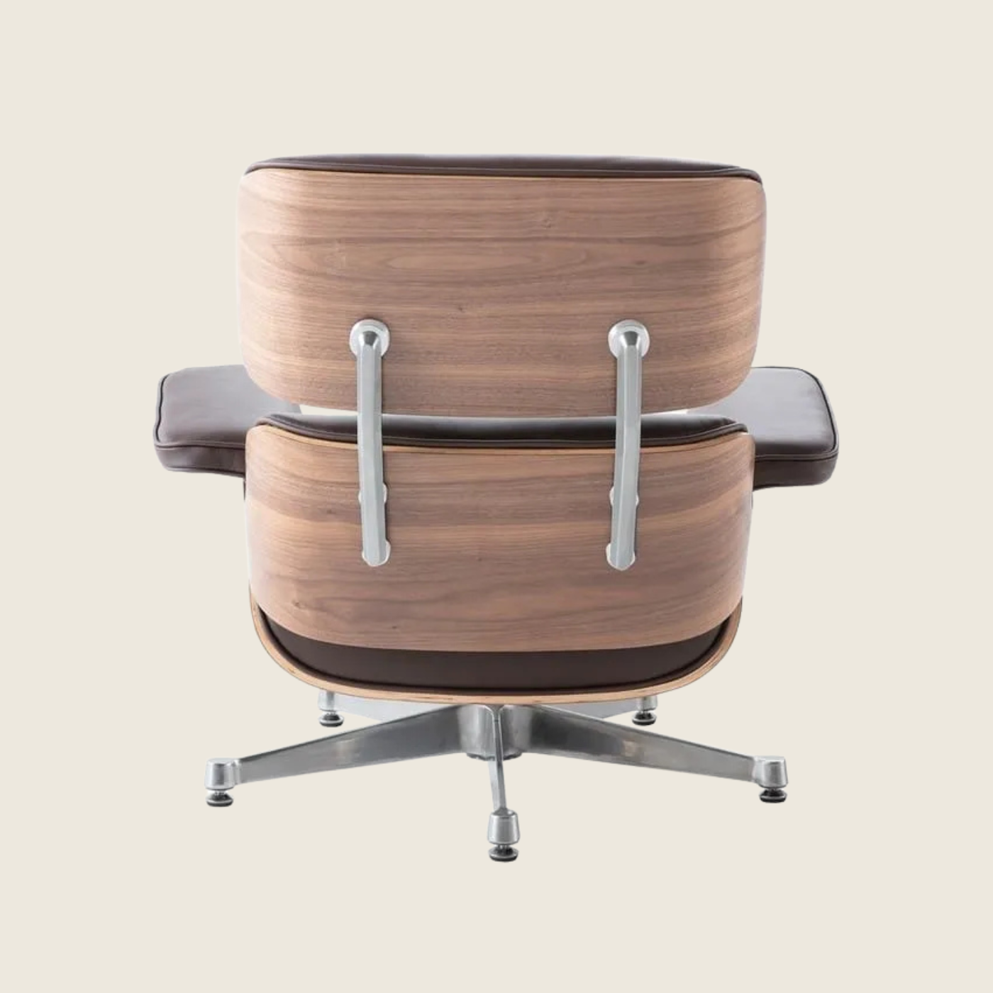 Eames Style WalnutWood Lounge Chair & Ottoman – Brown & Chrome Base, close-up detail of the leather and wood shell
