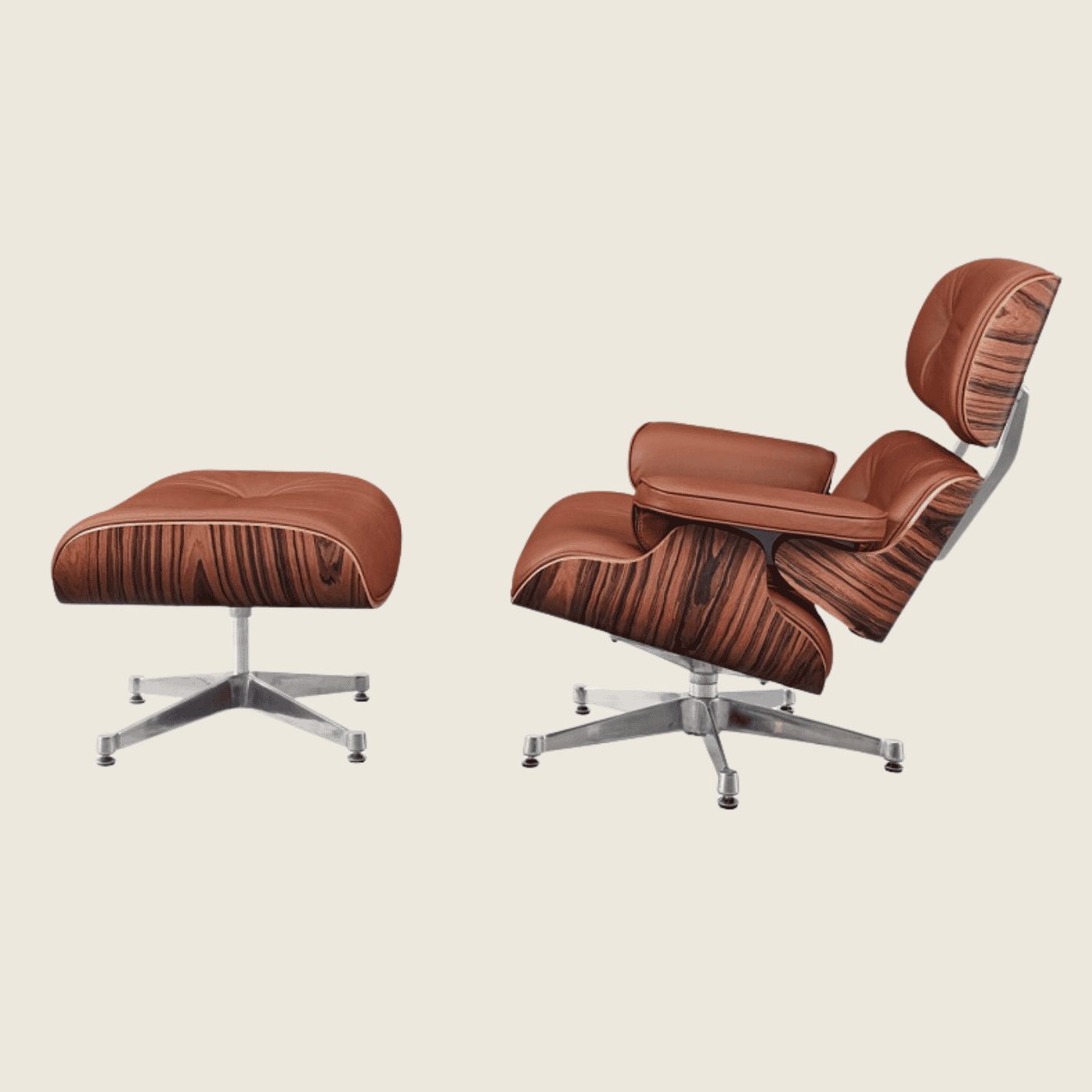 TAN BROWN / Chrome — Rosewood Lounge Chair & Ottoman, close-up detail of the leather and wood shell