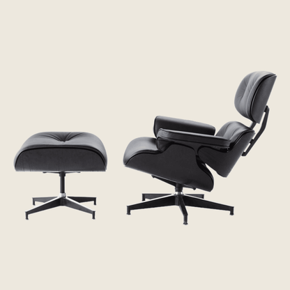 Eames Style Ebony Ashwood Black Lounge Chair & Ottoman – Black, close-up detail of the leather and wood shell