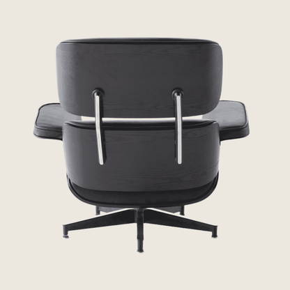 Eames Style Ebony Ashwood Black Lounge Chair & Ottoman – Black, rear three-quarter view