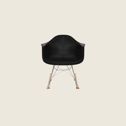 Mid-century RAR rocking armchair in black, rear three-quarter view