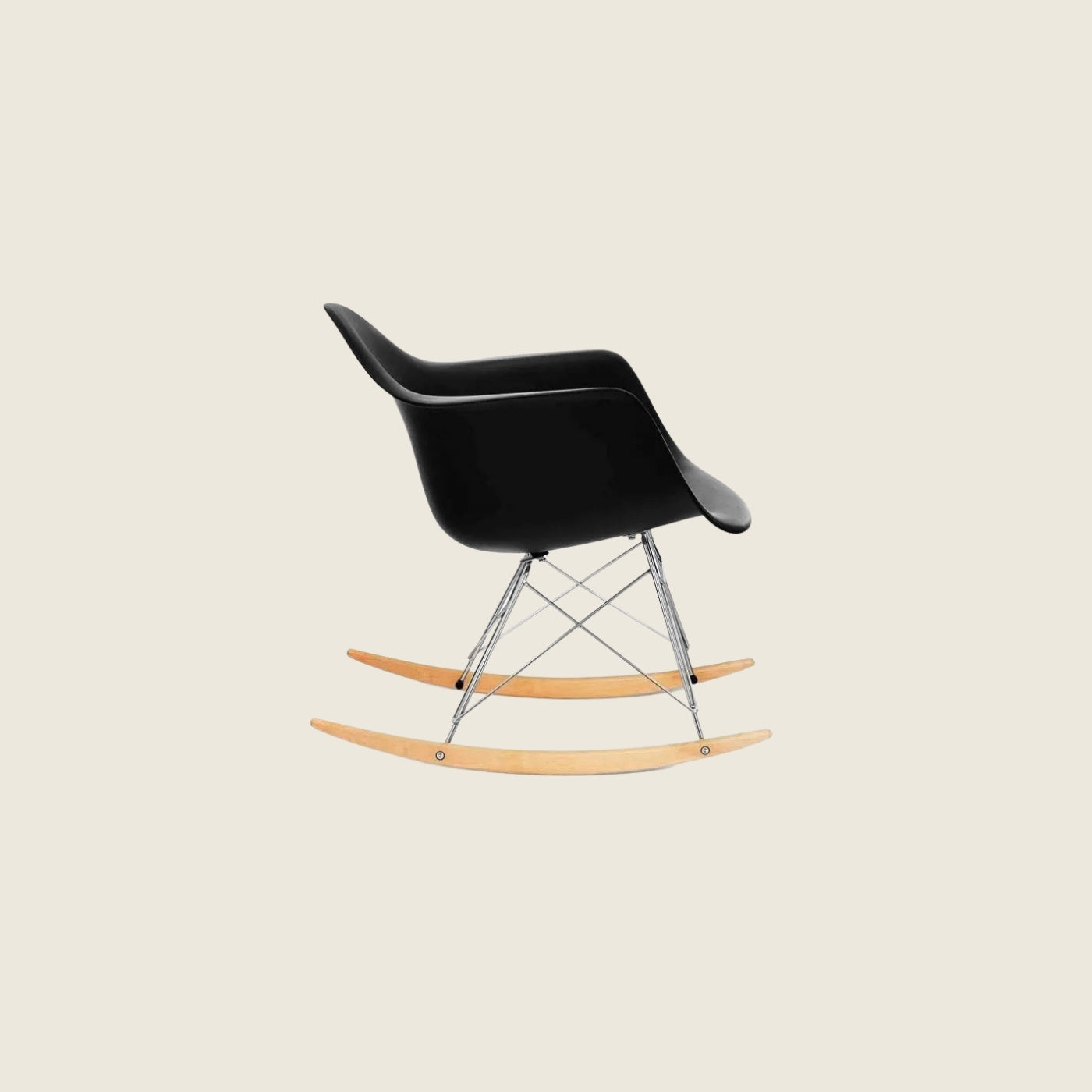 Mid-Century Modern Eames RAR Rocking Armchair – Black, close-up detail of the upholstery and frame