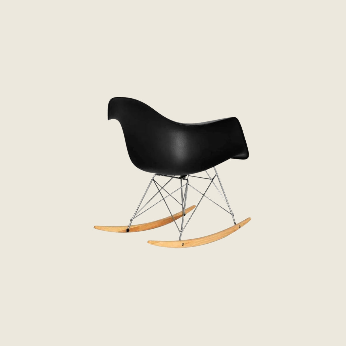 Mid-century RAR rocking armchair in black, side profile view