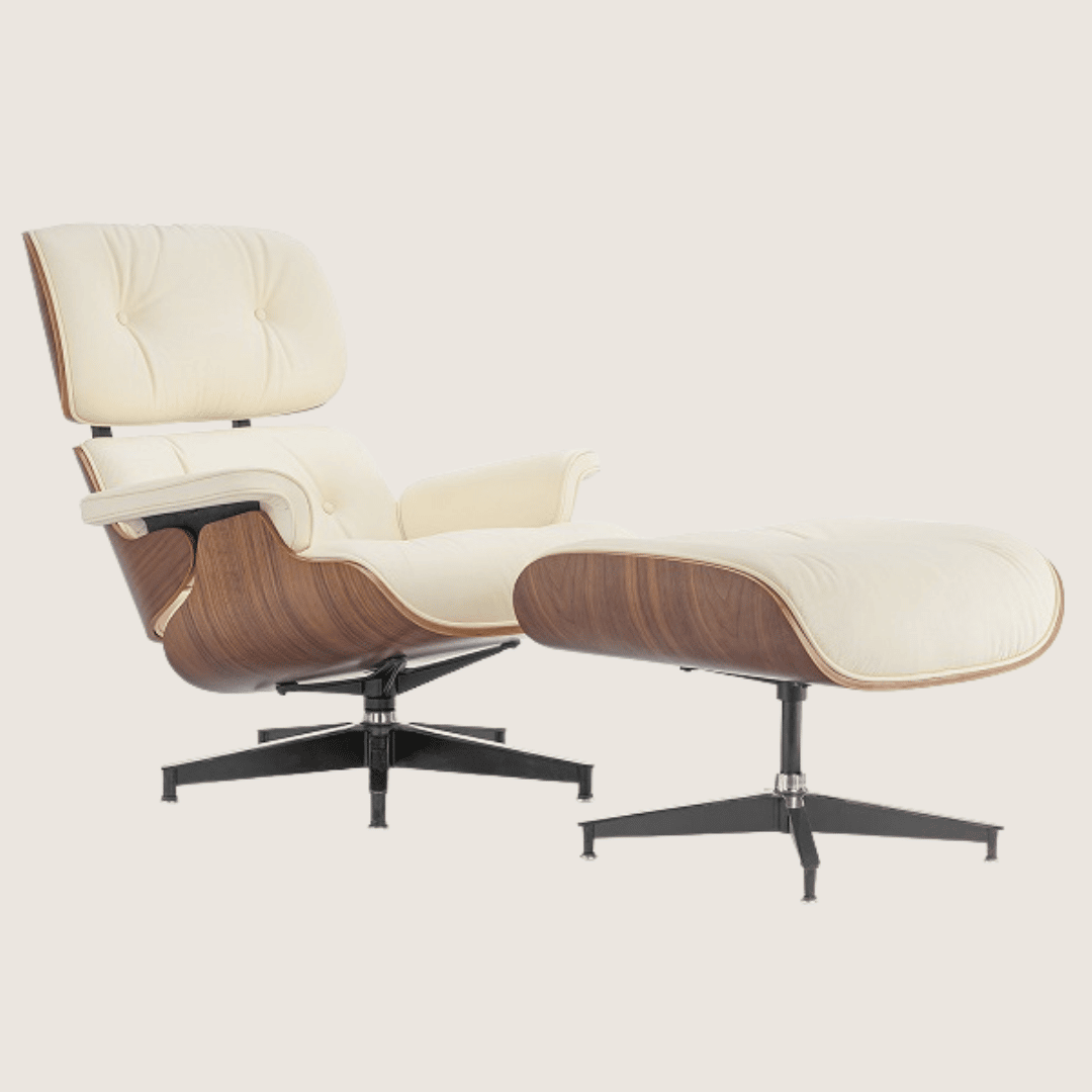 Tall (93cm) — Ivory leather, Walnut shell, chair and ottoman, side three-quarter view