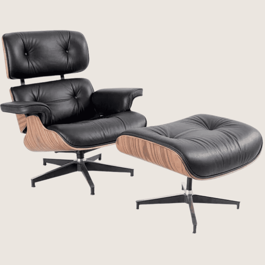 Tall (91cm) — Black leather, Light Rosewood shell, chair and ottoman, front three-quarter view