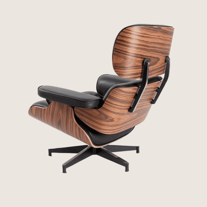 Tall (91cm) — Black leather, Light Rosewood shell, chair rear three-quarter view