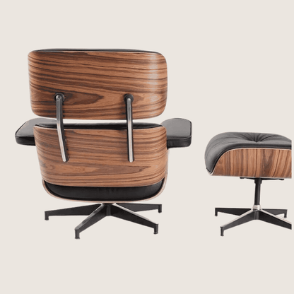 Tall (91cm) — Black leather, Light Rosewood shell, chair and ottoman, rear view