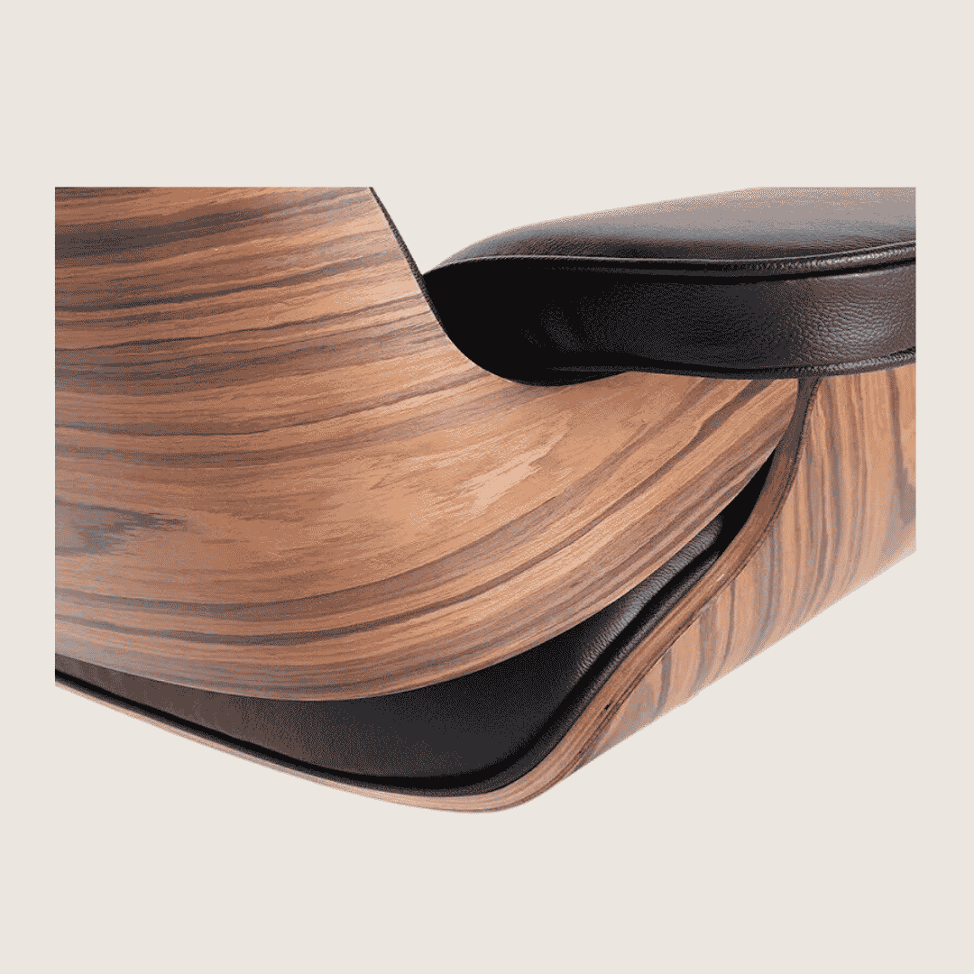 Tall (91cm) — Black leather, Light Rosewood shell, close-up of the seat shell and armrest