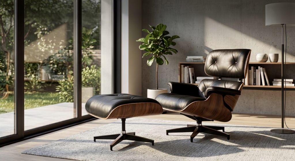 Eames style lounge chair and ottoman in black leather with rosewood shells, on a rug beside garden windows
