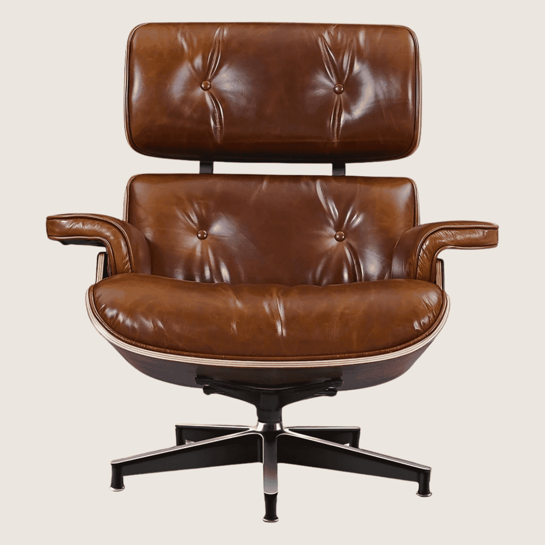 XL (89cm) — XL tall Eames style lounge chair in waxy brown leather with walnut shell, front view of the headrest, backrest and seat