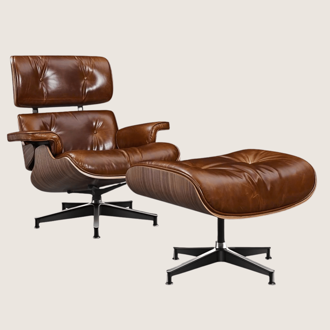 XL (89cm) — XL tall Eames style lounge chair and ottoman in waxy brown leather with walnut shell, left side profile showing headrest height